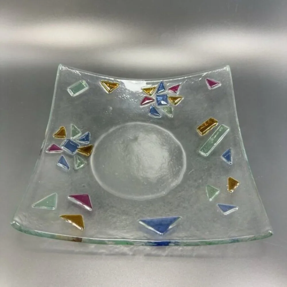 Fused Art‎ Glass Dish Plate Square With Multicolor Spots All Over Glass Dish